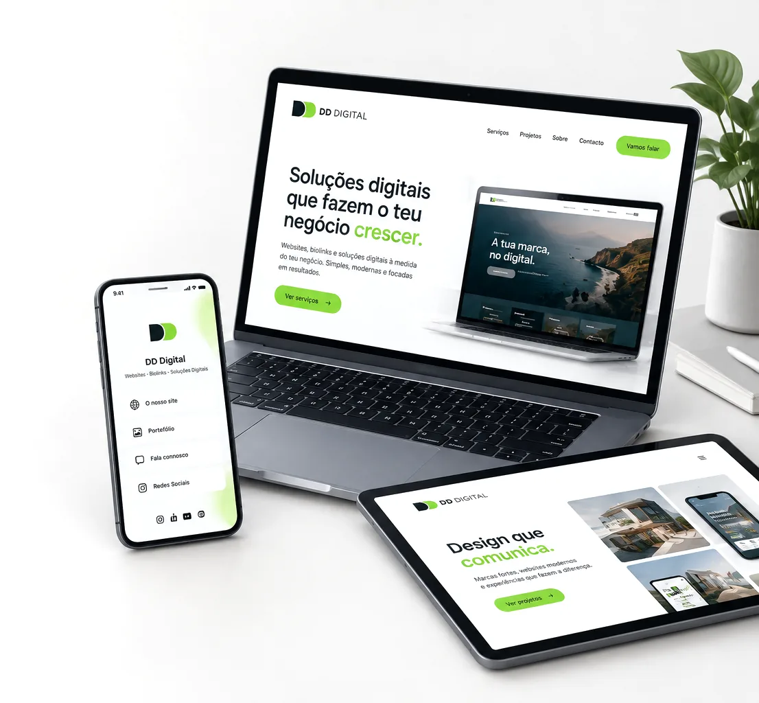 Website, biolink e página de serviços da DD Digital apresentados num portátil, num telemóvel e num tablet