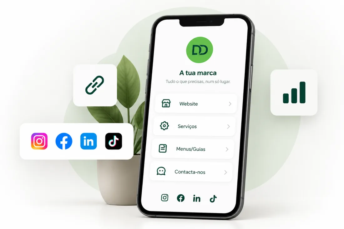Biolink num telemóvel, com ligações para website, serviços, menus e guias, contactos e redes sociais