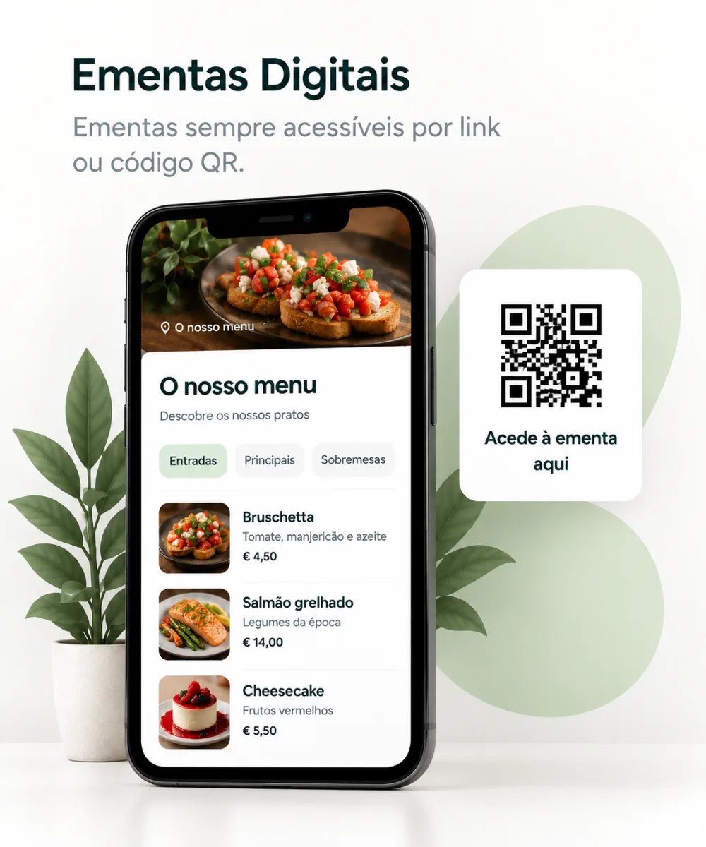 Ementa digital num telemóvel, com pratos organizados por categorias, e código QR para aceder à ementa