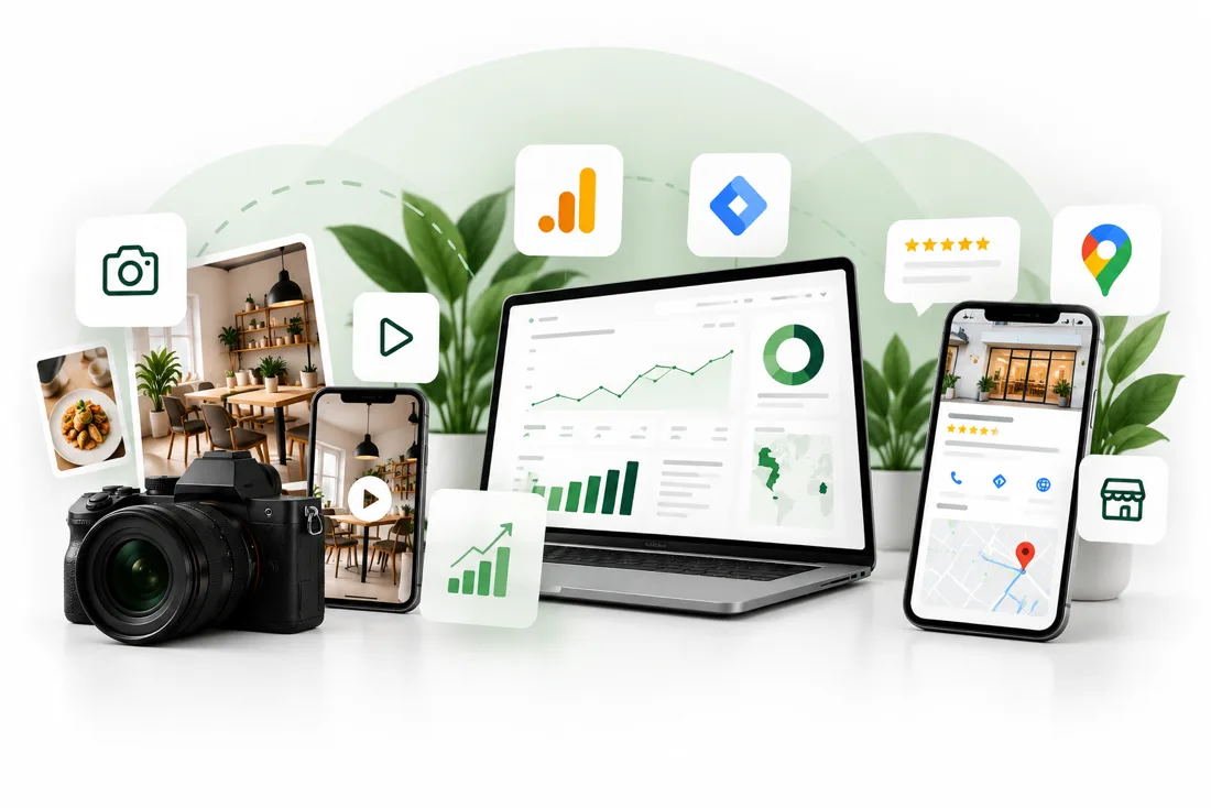 Câmara, telemóveis e portátil com painel de estatísticas, ícones do Google Analytics, Tag Manager e Google Maps, e avaliações de cinco estrelas