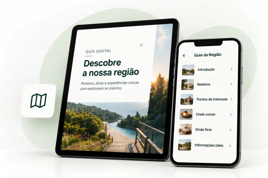 Guia digital de uma região num tablet e num telemóvel, com secções como roteiros, onde comer e onde ficar