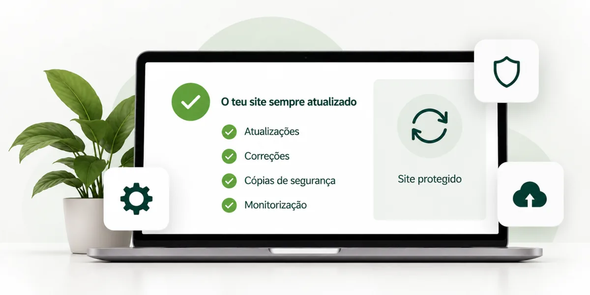 Portátil com a lista de manutenção do site: atualizações, correções, cópias de segurança e monitorização