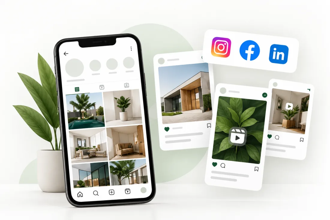 Perfil de Instagram num telemóvel e publicações para Instagram, Facebook e LinkedIn