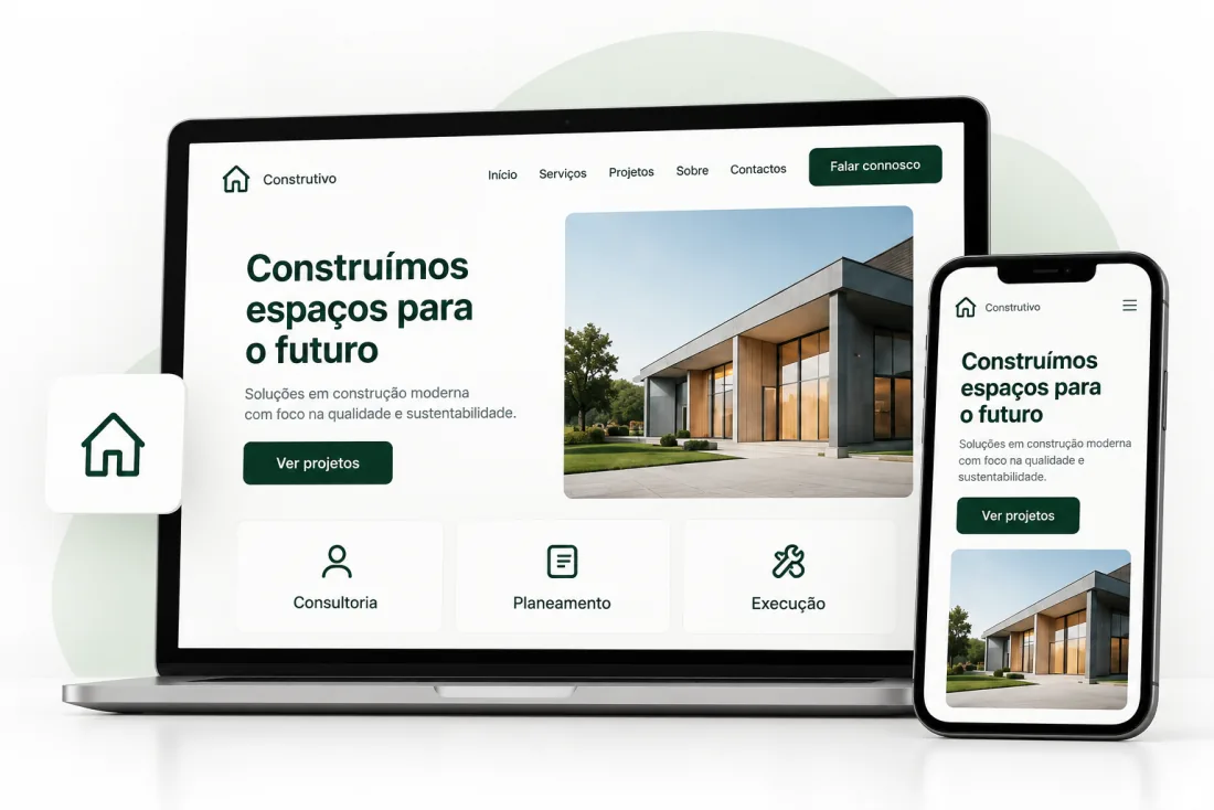 Website de uma empresa de construção apresentado num portátil e num telemóvel